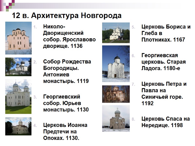 Николо-Дворищенский собор. Ярославово дворище. 1136  Собор Рождества Богородицы. Антониев монастырь. 1119  Георгиевский